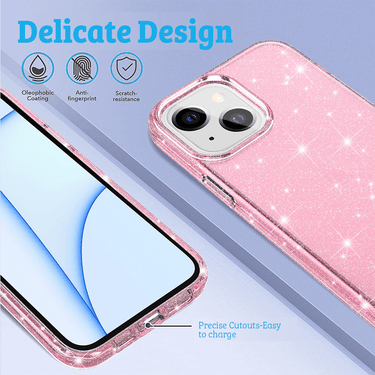 iPhone 15 Heavy Duty Shiny Glitter Clear Case Cover - Scratch Resistant, Wireless Charging Compatible, Screen & Camera Lens Protection - Clear Pink